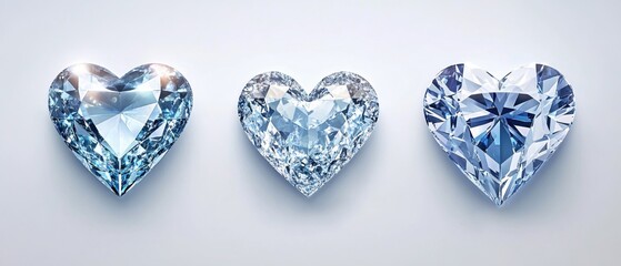 Fototapeta premium Three heart shaped diamonds on a light background with reflections and facets in a row