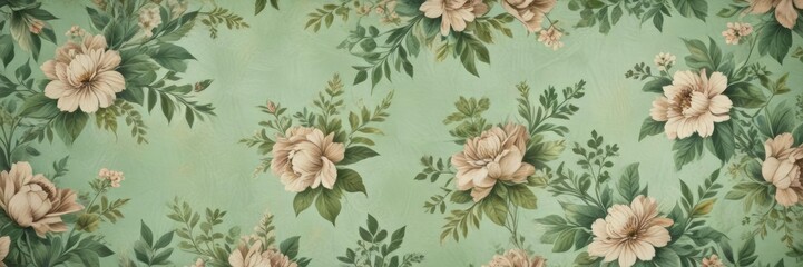 Green vintage paper with faded floral designs, decoration, classic, aged