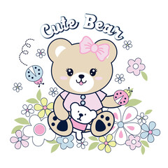 Fototapeta premium Cute bear vector surrounded by beautiful floral decoration and small insects, creating a peaceful nature scene