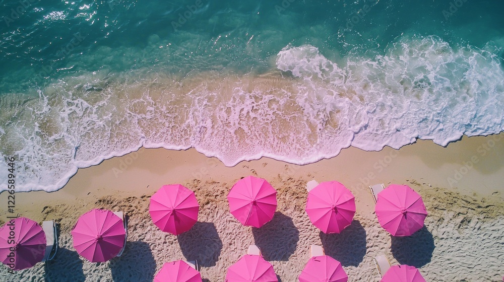 Poster soft waves lap against the golden sand while vibrant pink umbrellas create a stunning visual along t