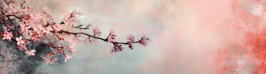 Delicate cherry blossoms bloom against a soft pastel sky-blue background
