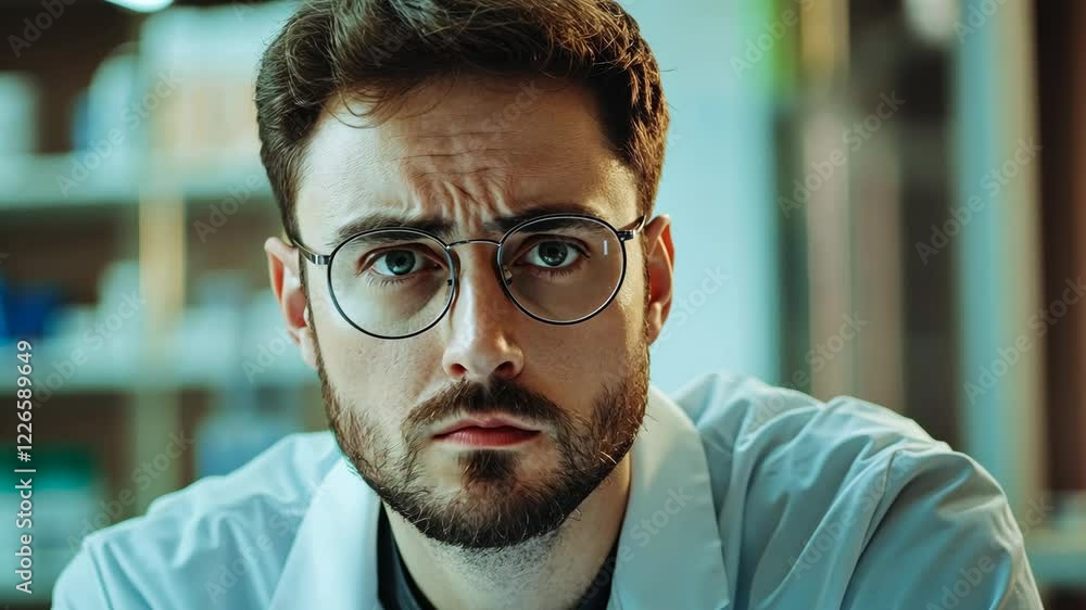 Poster researcher in laboratory attire looks thoughtfully at the camera while working on a scientific proje