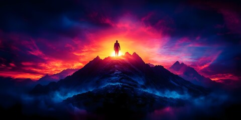 A silhouetted figure stands atop a mountain peak, with a vibrant, colorful sunset illuminating the scene. Concept Mountain Peak Silhouette, Vibrant Sunset Colors, Scenic Landscape Photography