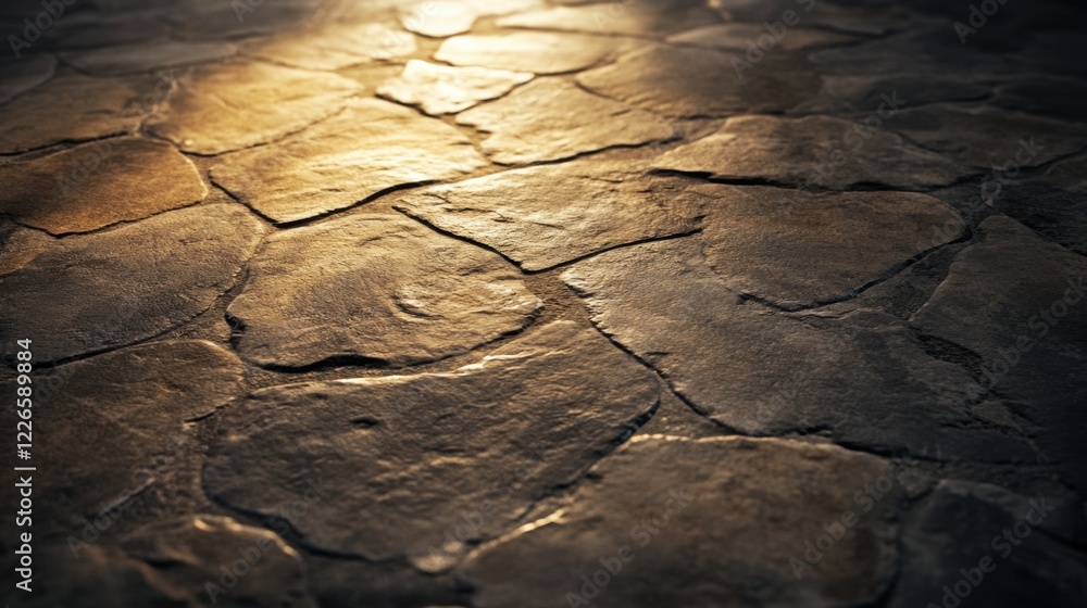 Poster golden light illuminates a textured stone path, creating a warm and inviting atmosphere.
