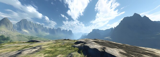 A rugged mountain pass with steep cliffs and wide open skies