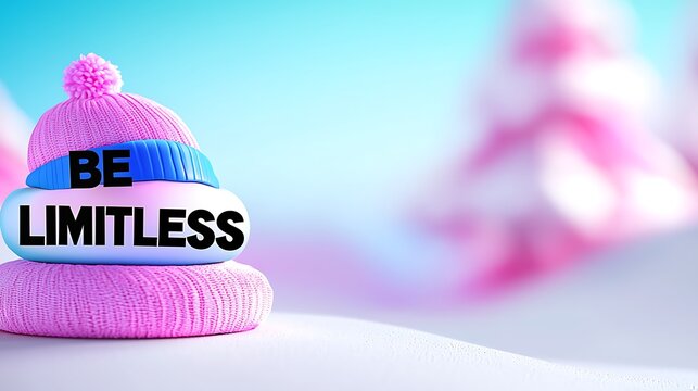 Pink and Blue Winter Hat with Inspirational Text on Snowy Background