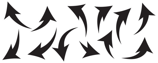 Black curved arrows icons set. Arrow sign in flat style. Wind movement image, process repeat symbol, rotation. Vector illustration