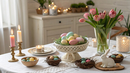 beautiful festive table decorated for Easter . Generative AI