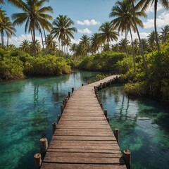 Fototapeta premium A palm-lined lagoon with a wooden boardwalk.