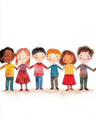 Obraz premium Cute watercolor illustration of diverse children holding hands and smiling 