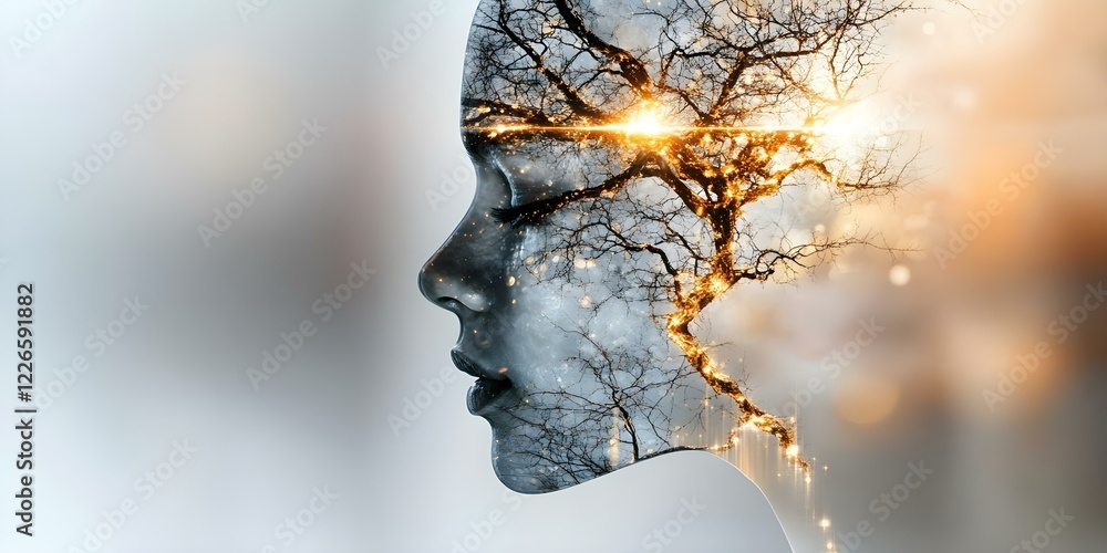 Poster a surreal image of a profile with a tree merging into the features, symbolizing a connection between