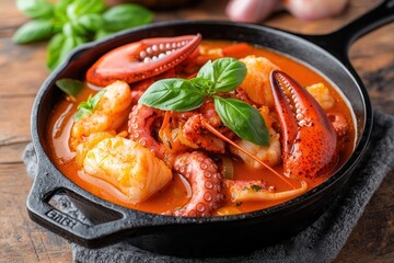 Grilled octopus and hearty seafood stew with tender octopus pieces. Delicious seafood stew in a rustic skillet with fresh basil.
