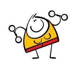 Young woman does a dumbbell exercise at a fitness club. Vector illustration of a sporty fat girl watching her body and health, body positive. Isolated funny person on white background.