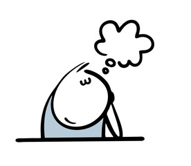 Cartoon stickman sits at a table and thinks. Vector illustration of a man dreaming. Isolated funny person on white background.