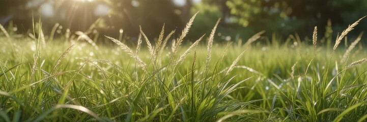 Gentle movement of blades of grass in the wind with soft focus, texture, organic matter, macro photography