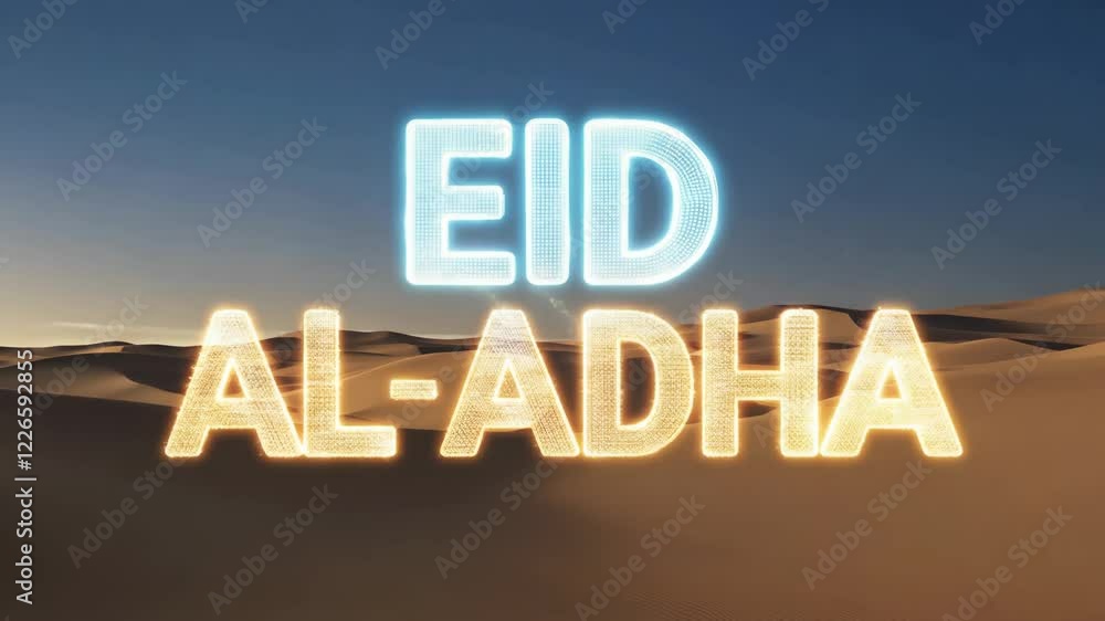 Poster the word eid al-adha is written in glowing letters. the letters are in different colors and are surr