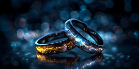 Two wedding rings with galaxy-like designs, highlighted against a shimmering, blurred blue background. Concept Wedding Ring Details, Galaxy-Inspired Design, Romantic Jewelry, Shimmering Background