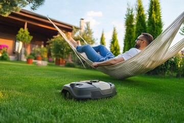 Relaxing in backyard hammock with robotic lawn mower for convenient lawn maintenance.