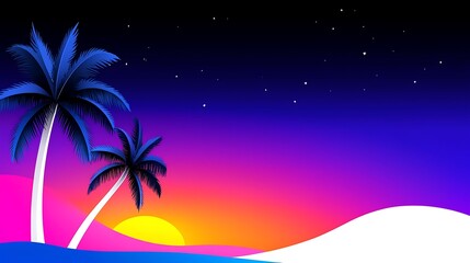 Naklejka premium Pixel Art Tropical Sunset Vibrant Night Sky and Palm Trees