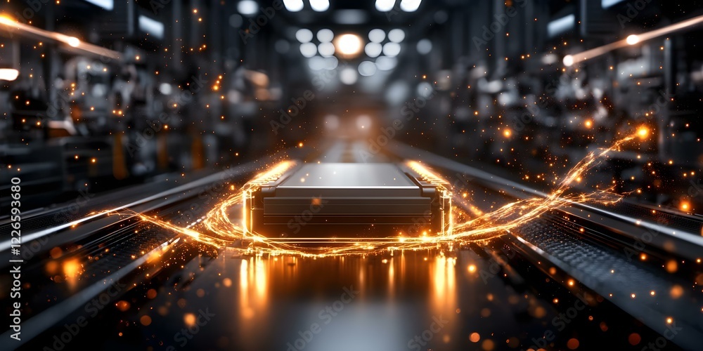 Poster a futuristic scene featuring a glowing, tech-like object surrounded by sparks and light effects in a