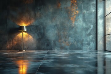 Abstract empty room with concrete floor and triangular light on dark gray wall, wet ground reflecting light, high-resolution image.