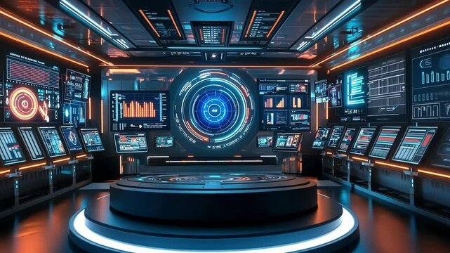 Futuristic command center is displaying complex charts, codes, and data visualizations on multiple screens, suggesting advanced technological capabilities and real time monitoring