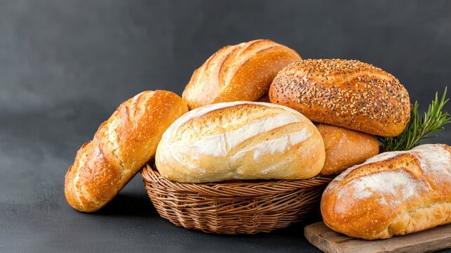 Assorted artisan bread basket on dark background. Food photography for bakery menu