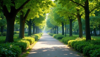 Fototapeta premium Peaceful urban park, lush trees, quiet atmosphere, outdoor, green city