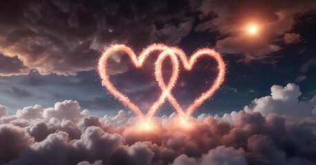Glowing Heart Clouds with Sparkling Particles, starry night, sparkling particles