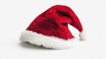 Red Santa hat on a white background. Featuring classic holiday accessory. Ideal for Christmas-themed content.