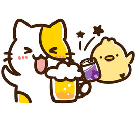 ジョッキと缶で乾杯をするかわいいねこのひよこのキャラクターのデフォルメイラスト © choconasu