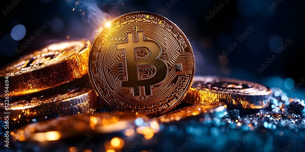 Poster a close-up image of shiny gold bitcoin coins stacked on a reflective surface with a blurred, sparkly