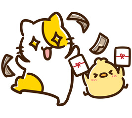 お金に目が眩みはしゃぐかわいいねこのひよこのキャラクターのデフォルメイラスト © choconasu
