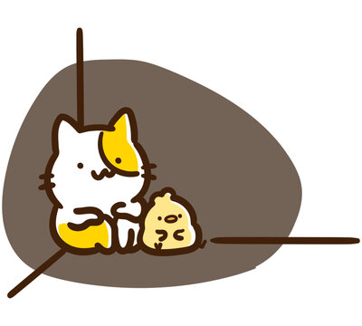 壁の隅っこで落ち込むかわいいねこのひよこのキャラクターのデフォルメイラスト