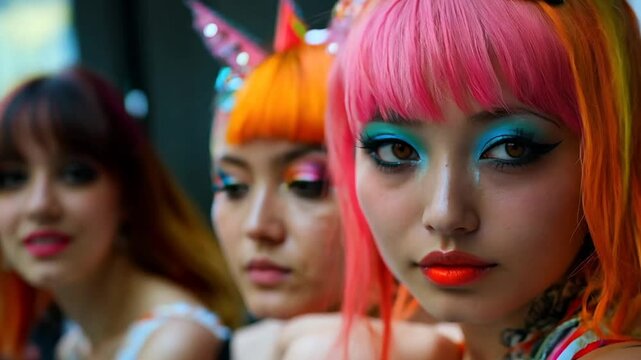 Japanese girls with colorful hair wig on a street