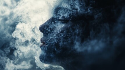 Abstract portrait of a woman with smoke and digital elements, depicting the mind and the digital world.
