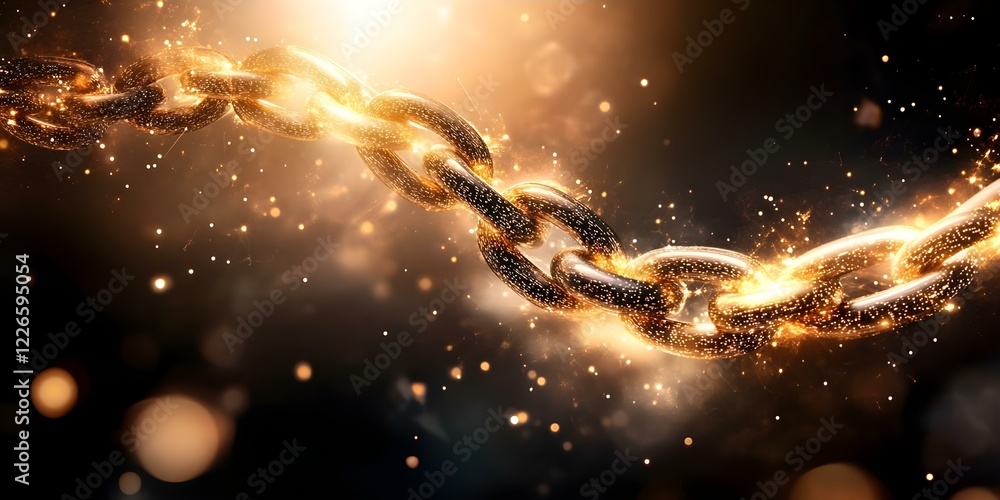 Poster a glowing chain with links that sparkle against a dark background, creating a dramatic and luminous 