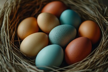 minimalist photo of colorful pastel easter eggs in a nest