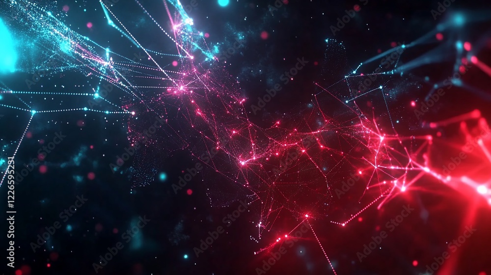 Poster abstract digital network with connected dots and lines in glowing neon colors