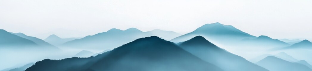 Obraz premium Misty mountain range panorama; serene landscape, peaceful background; ideal for travel, nature, or meditation