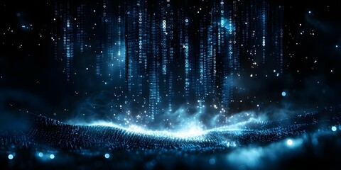 A digital landscape with flowing binary code and glowing particles, creating a futuristic cybernetic atmosphere. Concept Digital Landscape, Flowing Binary Code, Glowing Particles