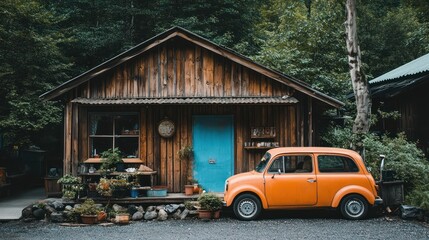 Obraz premium Family-run car hire business with a rustic wooden office, affordable vehicles parked neatly in a small lot