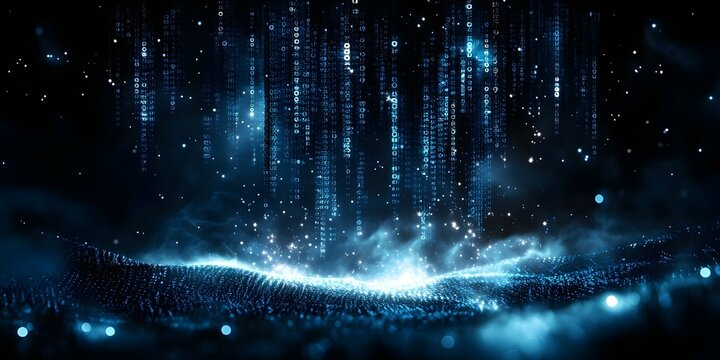 A digital landscape with flowing binary code and glowing particles, creating a futuristic cybernetic atmosphere. Concept Digital Landscape, Flowing Binary Code, Glowing Particles