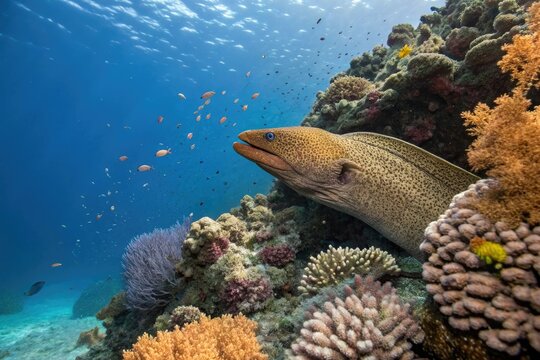 Goldentail moray eel swimming through a coral colony, slithery body, long snout, coral, tropical fish