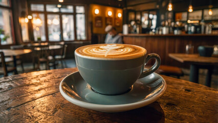 A cup of coffee with latte. Steam rises above the drink, creating a feeling of warmth and coziness, complemented by the atmosphere of the cafe.