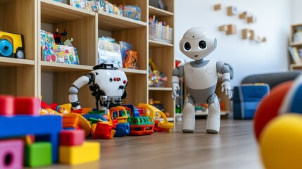 A humanoid robot arranging toys and educational materials in a child’s playroom, with a focus on neatness and the robot’s organizing skills, Playful style