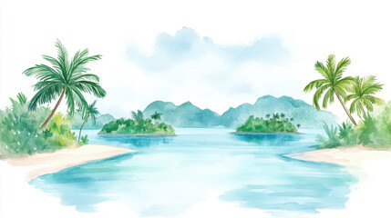 Fototapeta premium A serene watercolor painting of a tropical landscape featuring palm trees, tranquil waters, and distant mountains, evoking relaxation and peace.