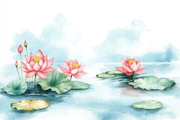 A serene watercolor painting of blooming lotus flowers on tranquil water, surrounded by lush green lily pads and gentle ripples.