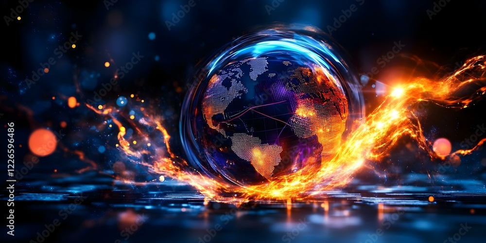 Poster a glowing, stylized globe surrounded by dynamic flames and digital patterns, symbolizing technology 