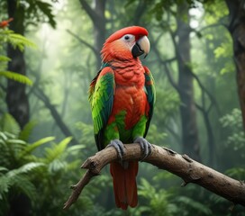 Obraz premium Green and red vibrant parrot perched on a branch in the forest, wildlife encounter , avian life, parrot species
